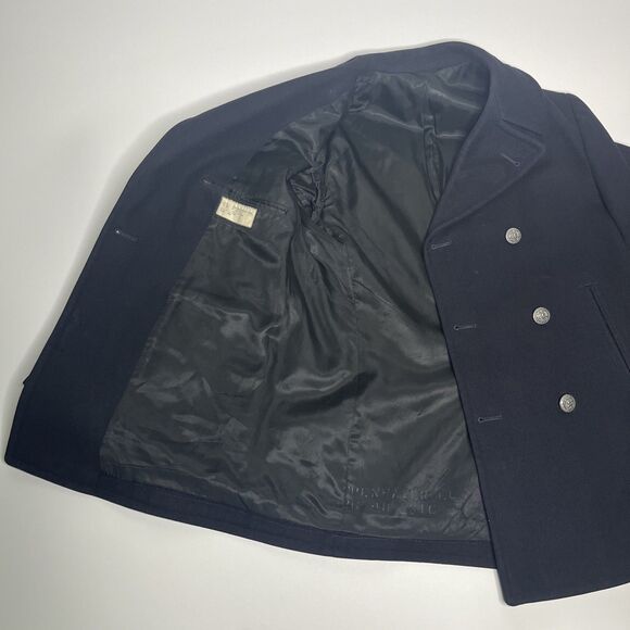 Vintage 1970s Navy Black Wool Peacoat Overcoat Pewter Buttons 38R - Picture 6 of 12
